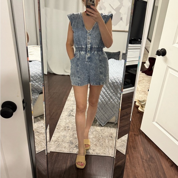 Cute Girly Flare Sleeves Blue Denim Pull Up Stretch Romper - Picture 10 of 11